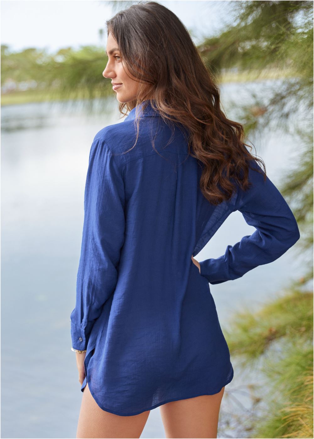 Venus Button Down Cover-Up Shirt in Navy
