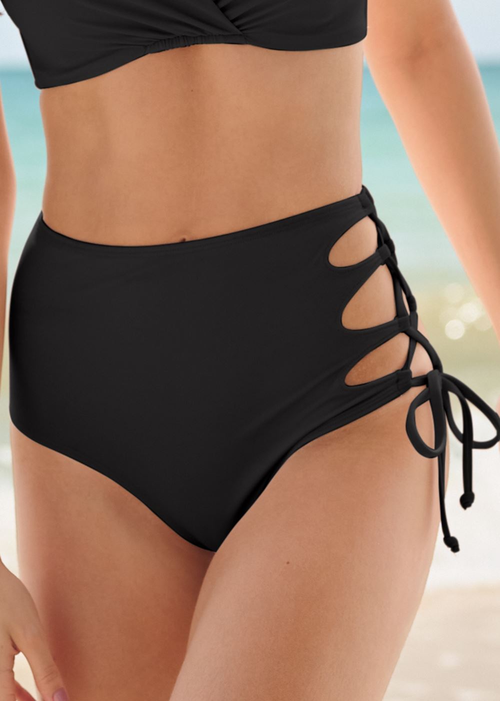 Venus Lace-Up Strappy Bottom Bikini - Black Beauty