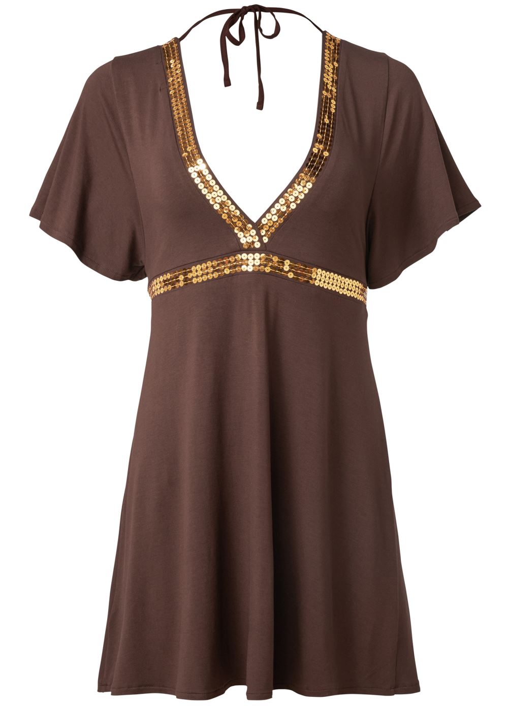 Venus Sequin V-Neck Dress in Mocha