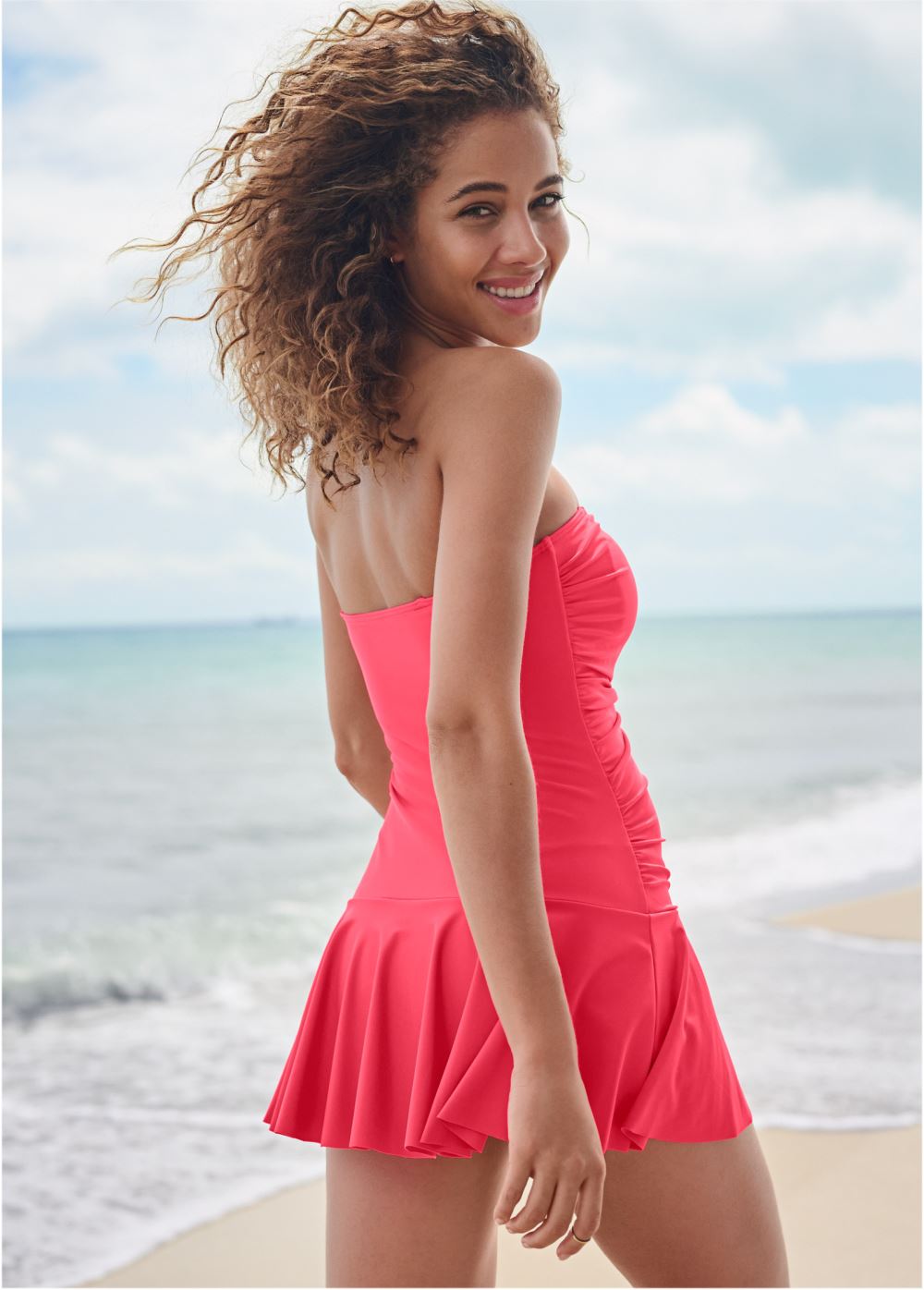 Venus Skirted Bandeau One-Piece Swimsuit in Sunset Pink