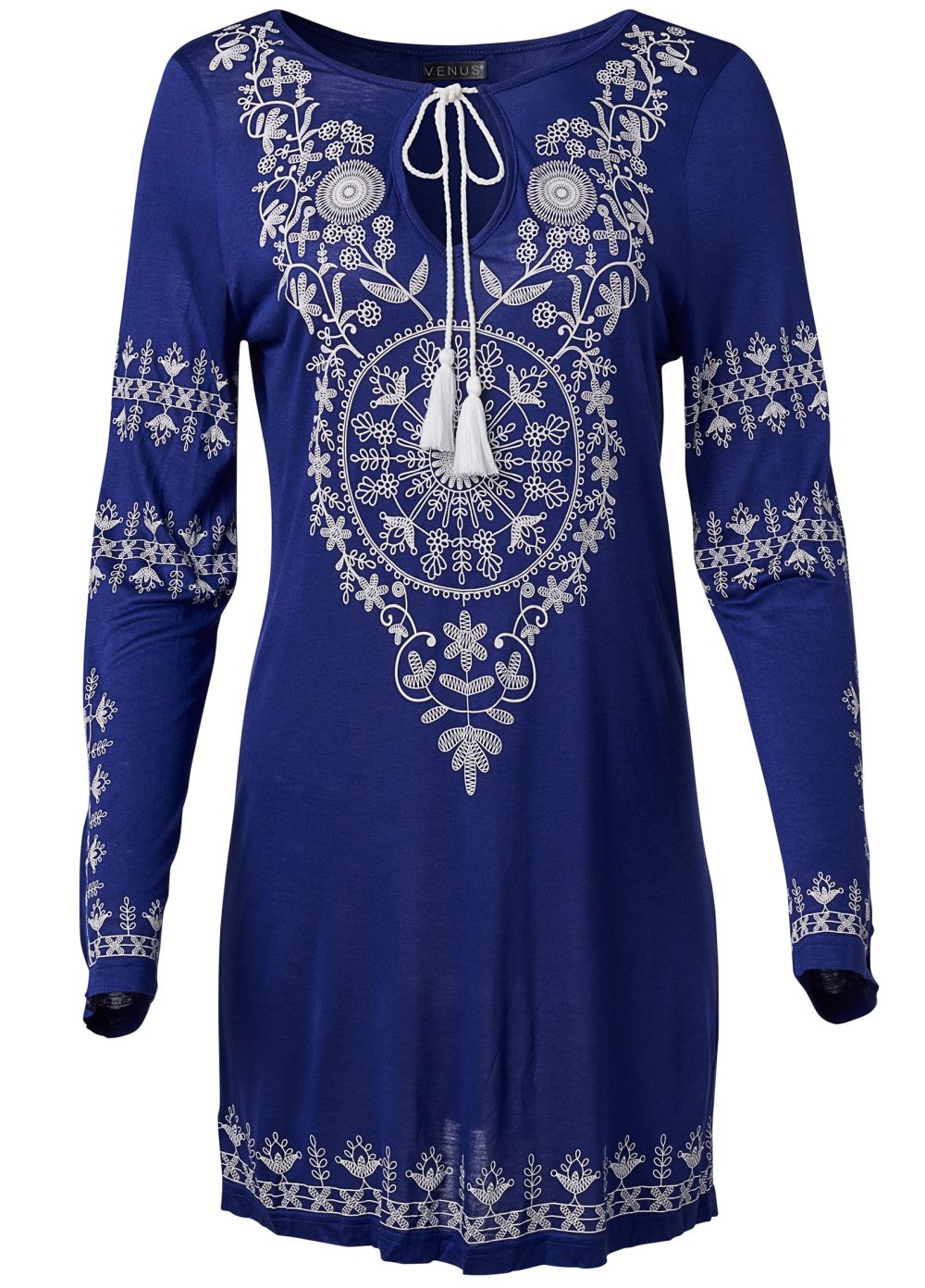 Venus Long Sleeve Cover-Up Dress in Ultramarine & White
