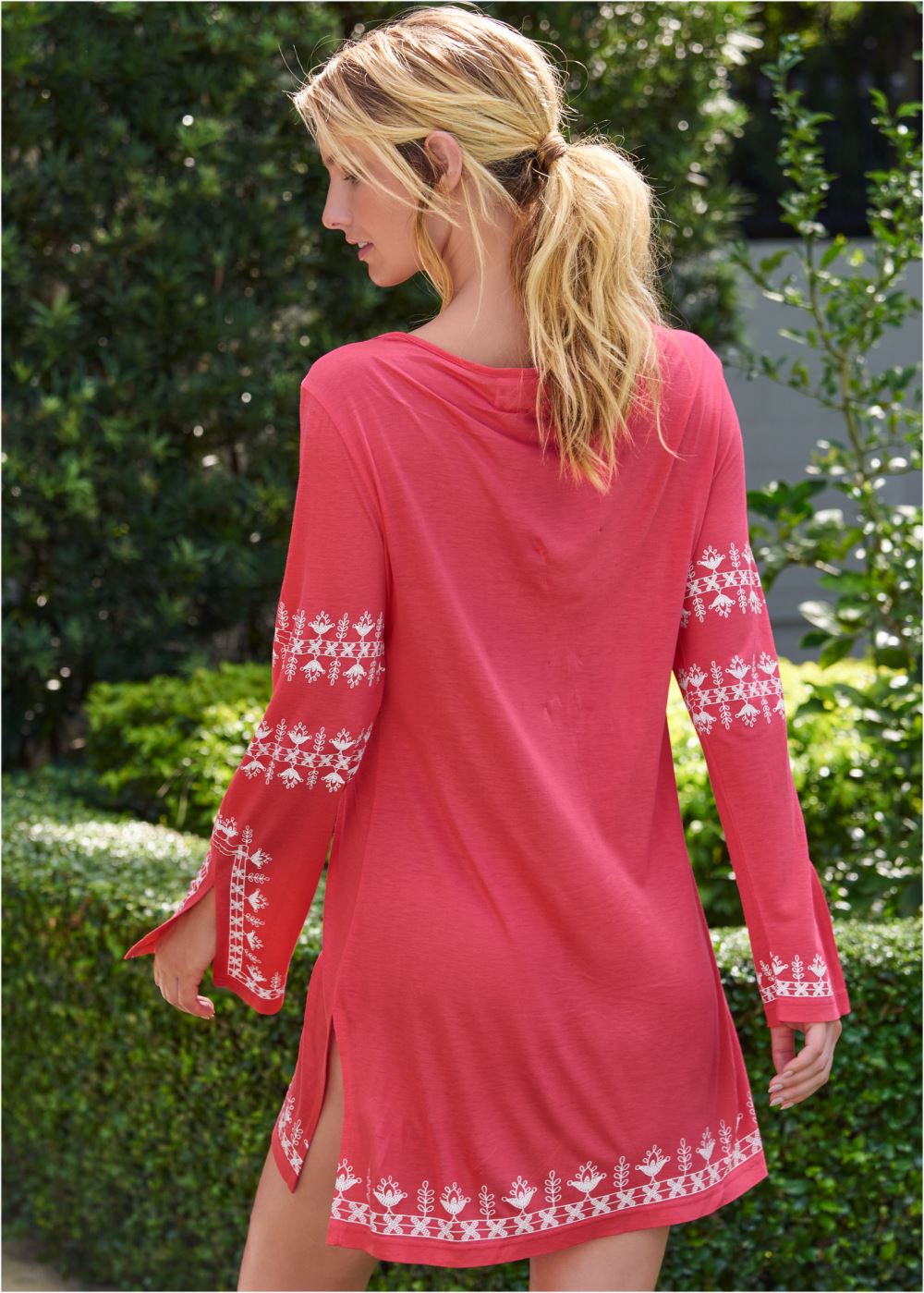 Venus Long Sleeve Cover-Up Dress in Sunset Pink & White