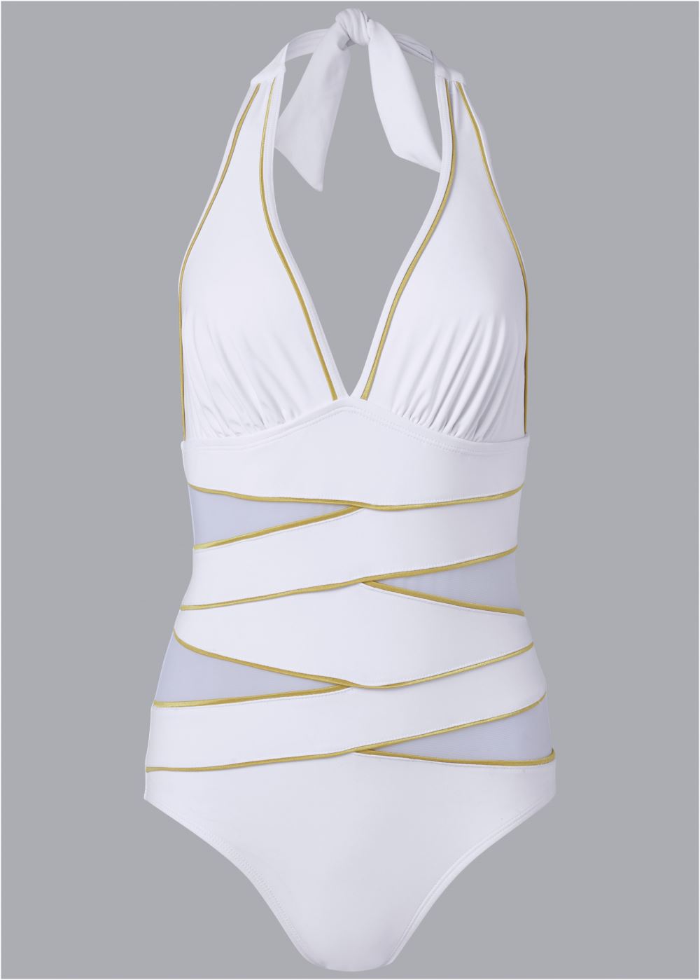 Venus Peek-A-Boo Halter One-Piece Swimsuit in White & Glitz