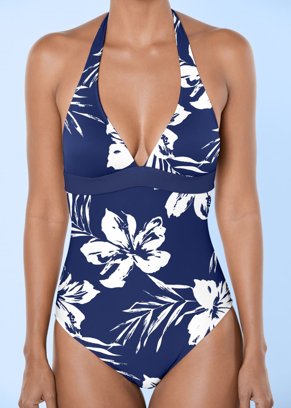 Venus Slimming Halter One-Piece Swimsuit in Navy Blue Hibiscus