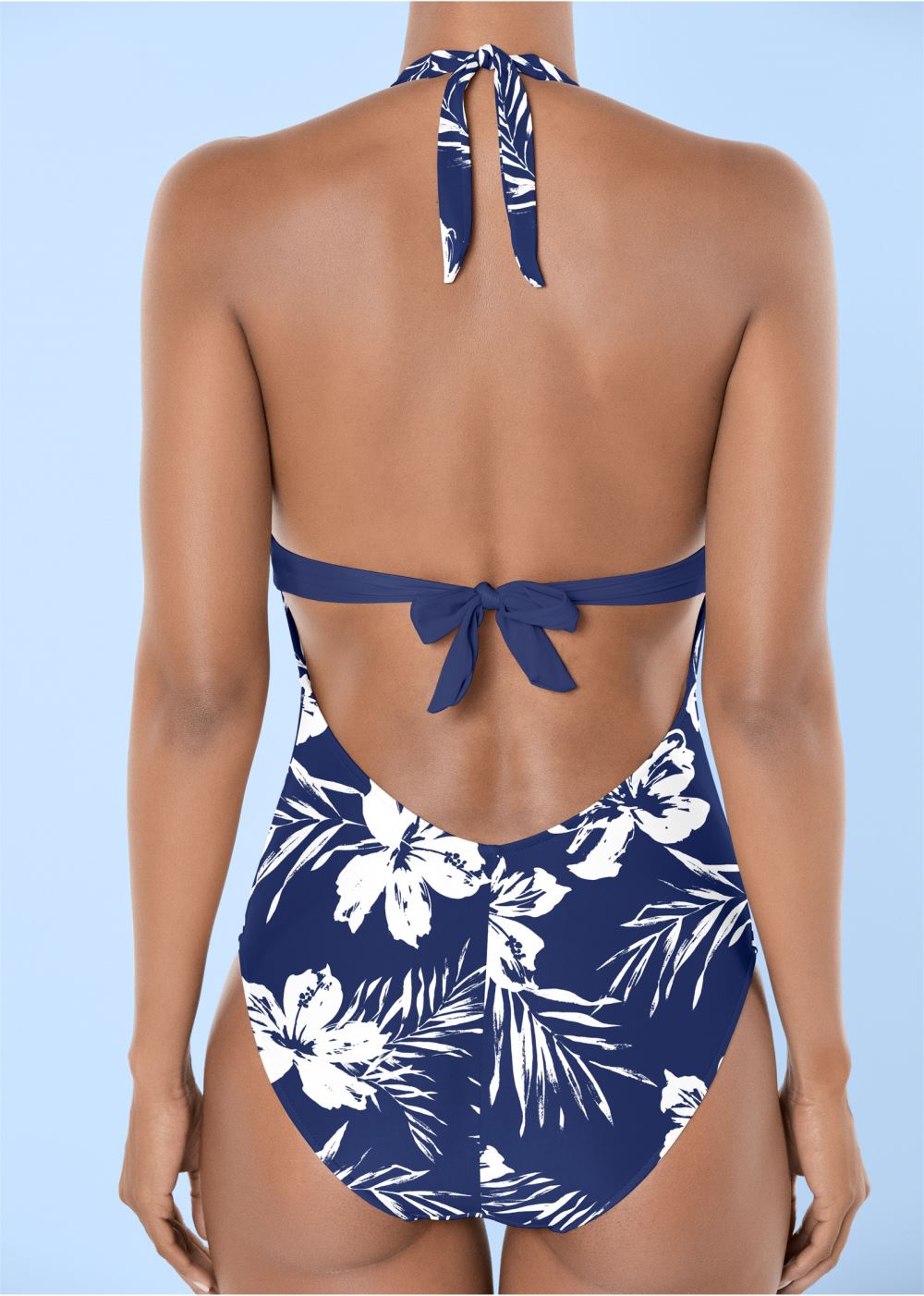 Venus Slimming Halter One-Piece Swimsuit in Navy Blue Hibiscus