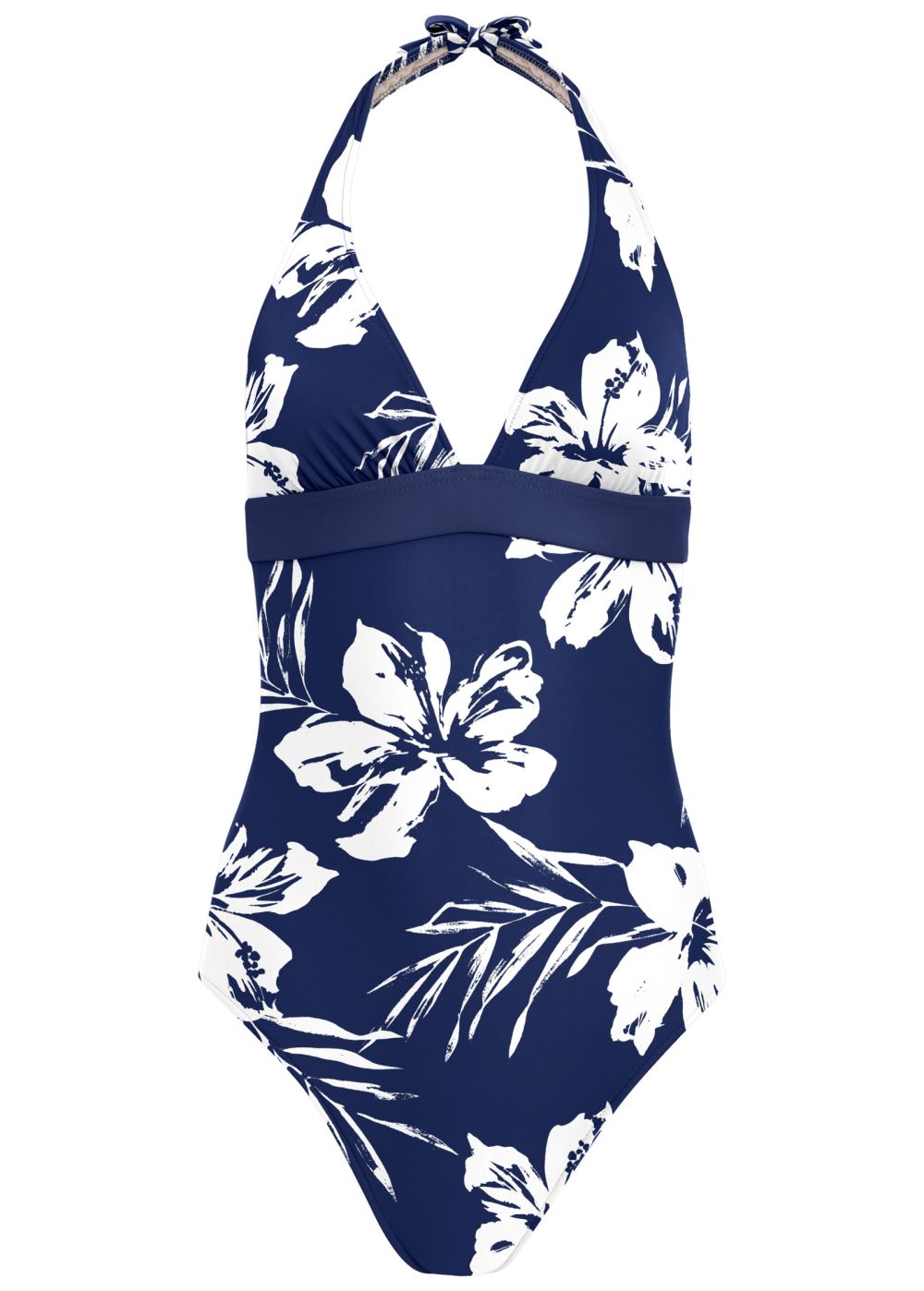 Venus Slimming Halter One-Piece Swimsuit in Navy Blue Hibiscus